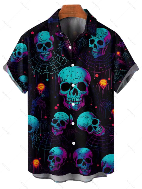 Chemise gothique à manches courtes et boutons pour homme, motif tête de mort et toile d'araignée - Noir 5XL