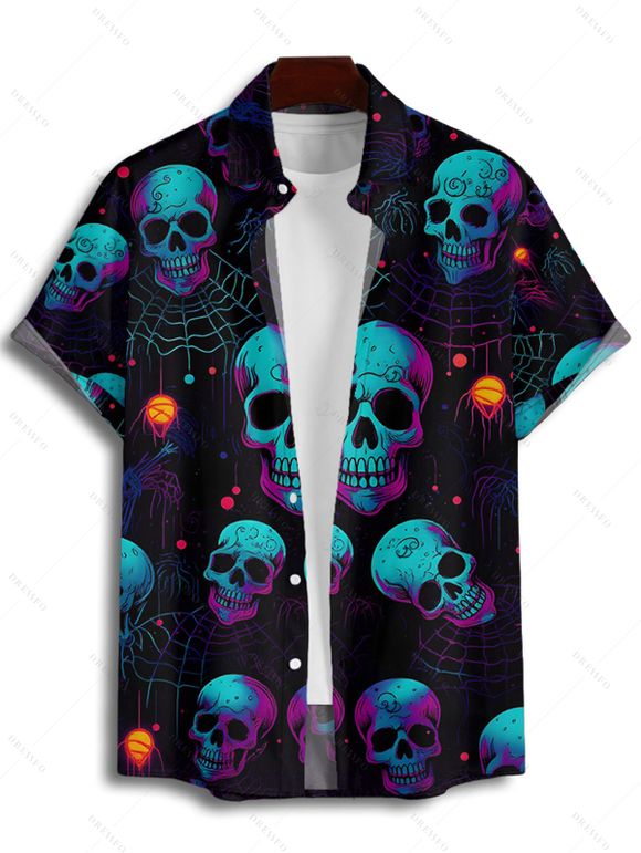 Chemise gothique à manches courtes et boutons pour homme, motif tête de mort et toile d'araignée - Noir 5XL