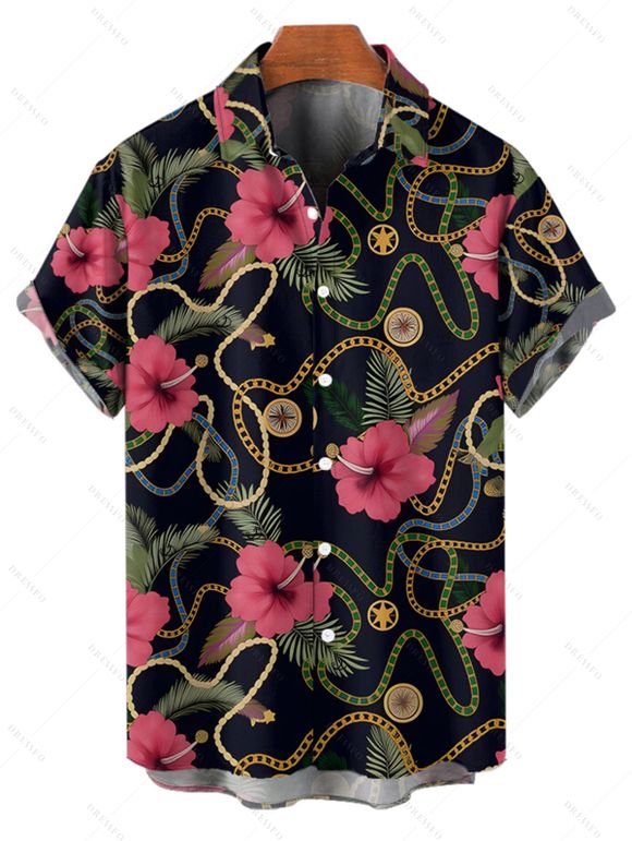 Chemise de vacances à motif floral et chaîne pour homme, boutonnée, retroussée, manches courtes, décontractée - Noir 5XL