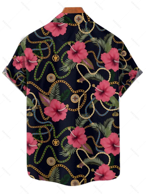 Chemise de vacances à motif floral et chaîne pour homme, boutonnée, retroussée, manches courtes, décontractée - Noir 5XL