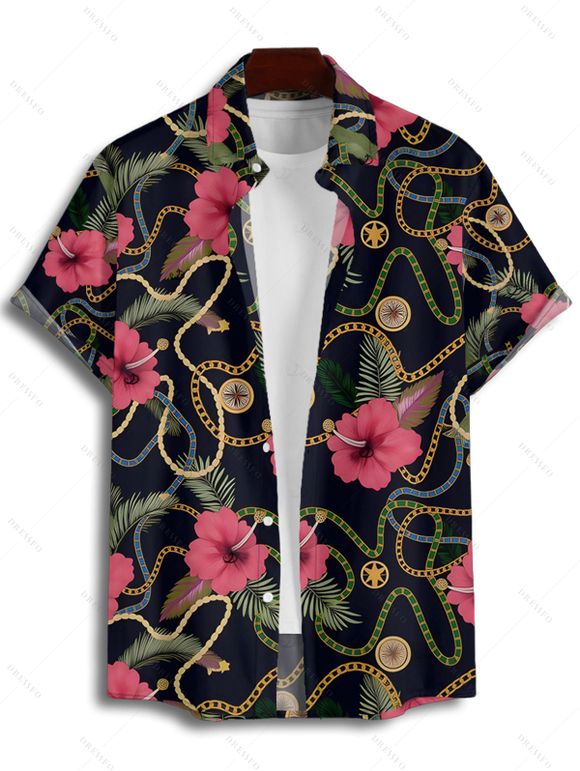 Chemise de vacances à motif floral et chaîne pour homme, boutonnée, retroussée, manches courtes, décontractée - Noir 5XL