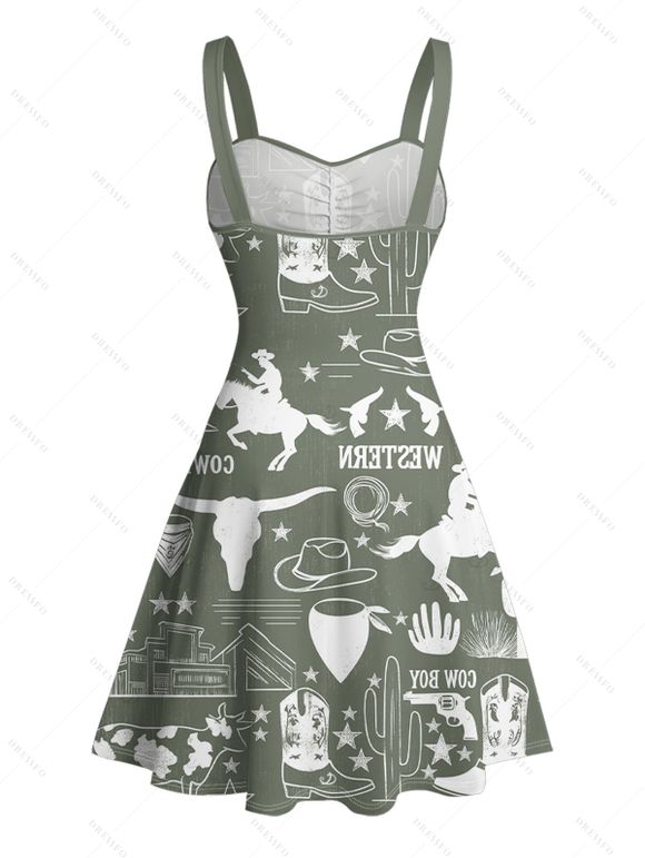 Robe de vacances style cowboy western, motif cactus, lettre, buste froncé, ceinture, col en cœur, ligne A, mini robe cottagecore - Vert profond XXXXXL | US 20