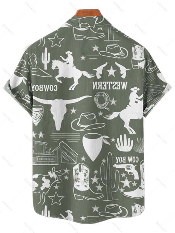 Chemise de vacances pour homme, style cowboy western, motif cactus, lettres, boutonnée, retroussée, manches courtes, style cottagecore - Vert profond 5XL