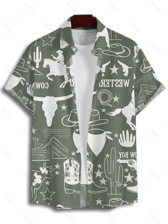 Chemise de vacances pour homme, style cowboy western, motif cactus, lettres, boutonnée, retroussée, manches courtes, style cottagecore - Vert profond 5XL