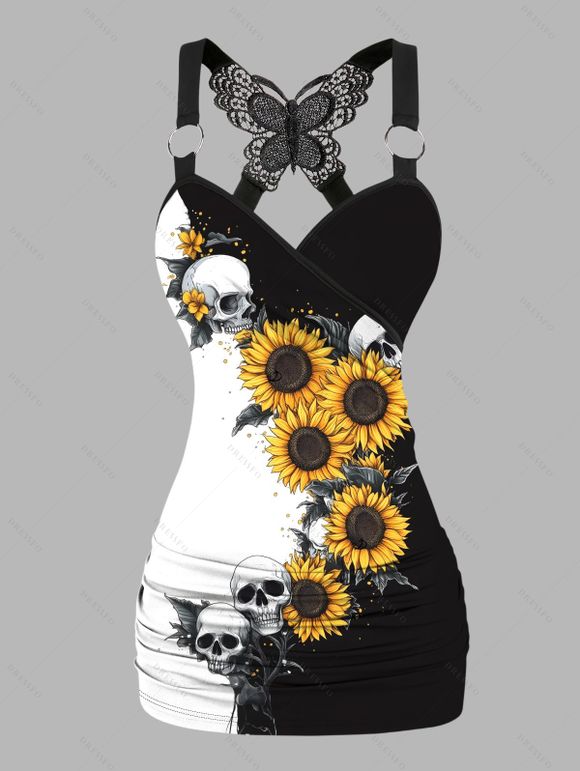 Débardeur gothique monochrome à motif de tournesols et de crânes, en dentelle papillon, avec surplis contrasté et anneau en O, haut de vacances - Noir XXL | US 14