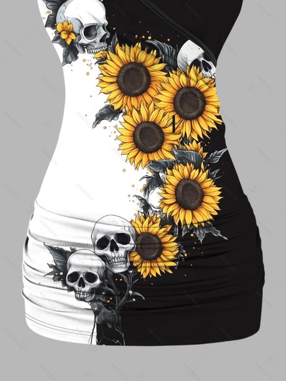 Débardeur gothique monochrome à motif de tournesols et de crânes, en dentelle papillon, avec surplis contrasté et anneau en O, haut de vacances - Noir XXL | US 14