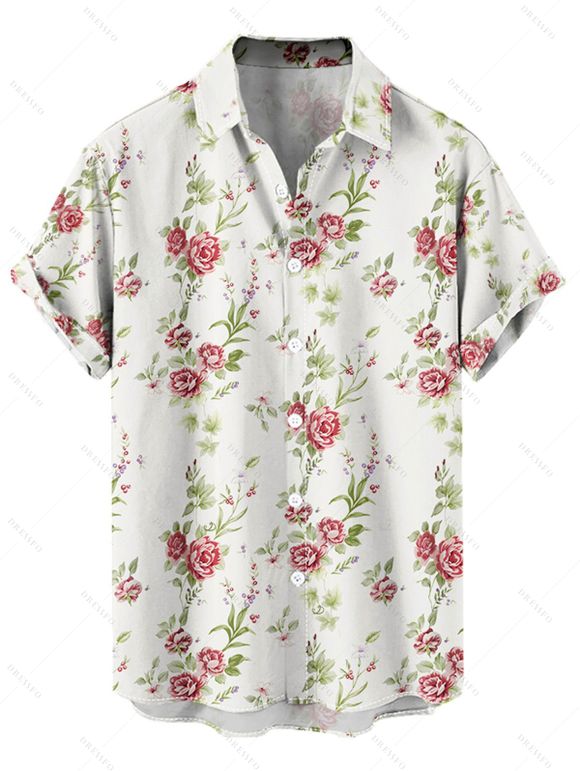 Chemise de vacances à motif floral et feuilles pour homme, boutonnée, retroussée, manches courtes, décontractée - Blanc 5XL