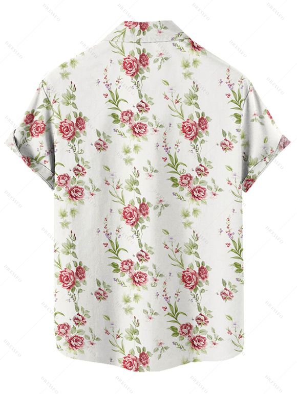 Chemise de vacances à motif floral et feuilles pour homme, boutonnée, retroussée, manches courtes, décontractée - Blanc 5XL
