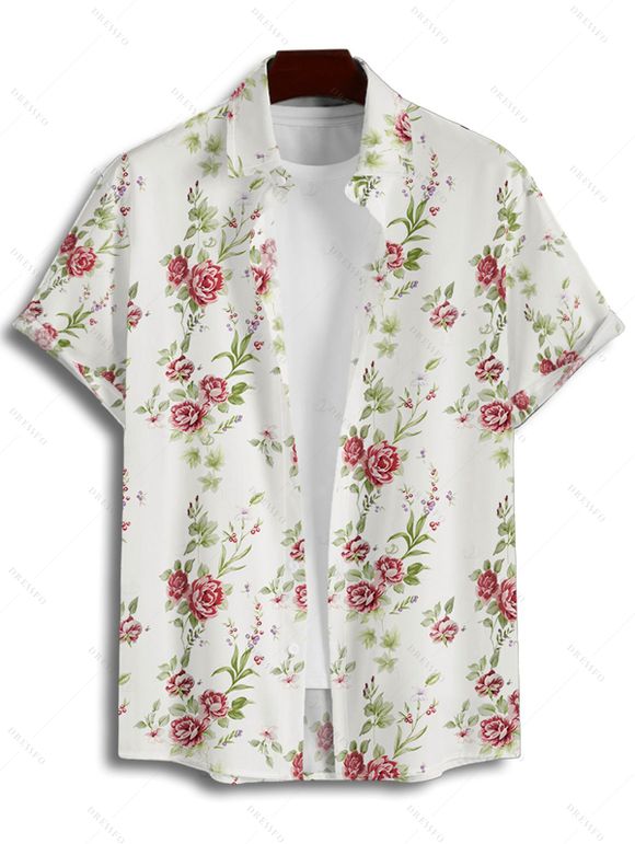 Chemise de vacances à motif floral et feuilles pour homme, boutonnée, retroussée, manches courtes, décontractée - Blanc 5XL