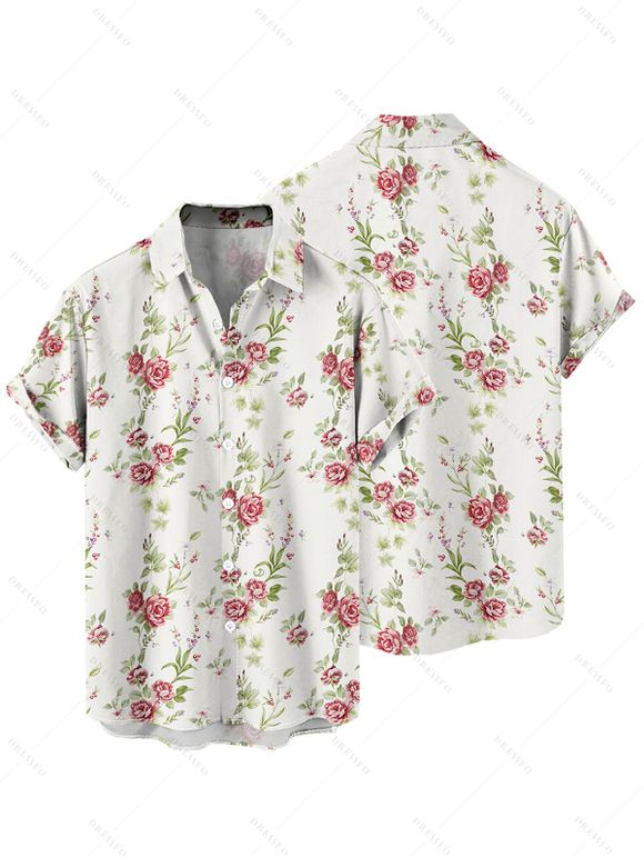 Chemise de vacances à motif floral et feuilles pour homme, boutonnée, retroussée, manches courtes, décontractée - Blanc 5XL
