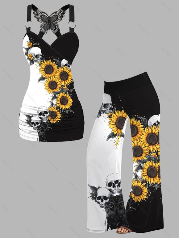 Gothic Women Outfit Monochrome Sunflower Skulls Pattern Butterfly Lace Tank Top and Wide Leg Pants Holiday Two Piece Set - Noir S | US 4