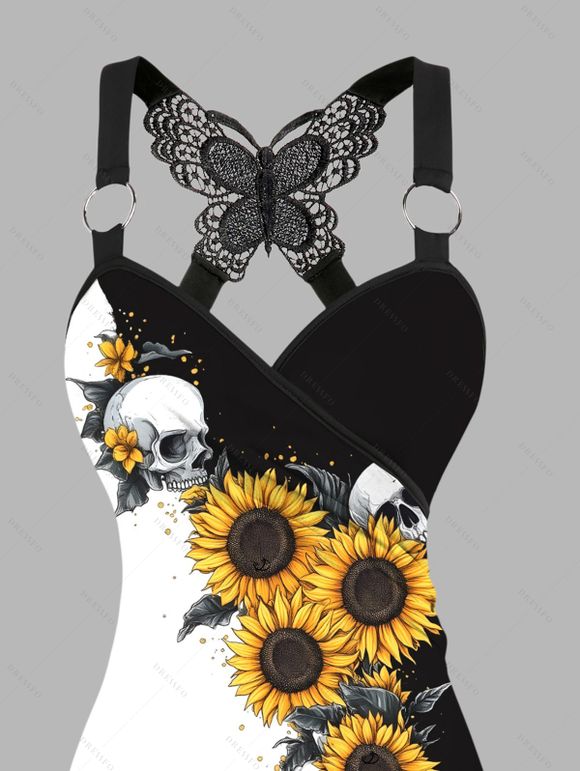 Gothic Women Outfit Monochrome Sunflower Skulls Pattern Butterfly Lace Tank Top and Wide Leg Pants Holiday Two Piece Set - Noir S | US 4