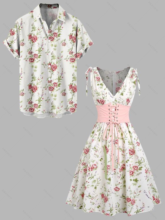 Vacation Couple Outfit Floral Print Zipper Back Dress Solid Lace Up Corset Belt Set and Button Up Shirt Matching Outfit - Blanc S | US 4