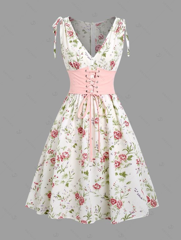 Vacation Couple Outfit Floral Print Zipper Back Dress Solid Lace Up Corset Belt Set and Button Up Shirt Matching Outfit - Blanc S | US 4