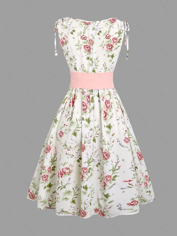 Vacation Couple Outfit Floral Print Zipper Back Dress Solid Lace Up Corset Belt Set and Button Up Shirt Matching Outfit - Blanc S | US 4