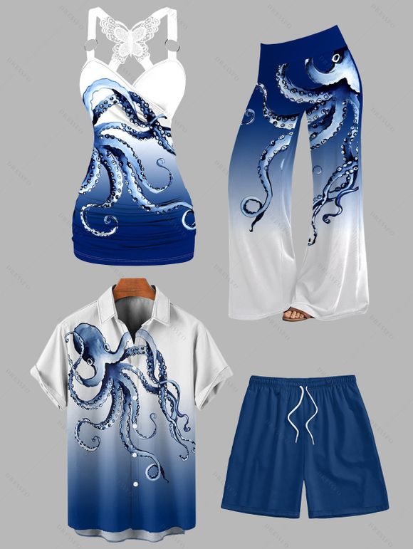 Vacation Couple Outfit Octopus Foot Print Tank Top Wide Leg Pants and Button Up Shirt Drawstrings Shorts Beach Matching Outfit - Bleu profond S | US 4