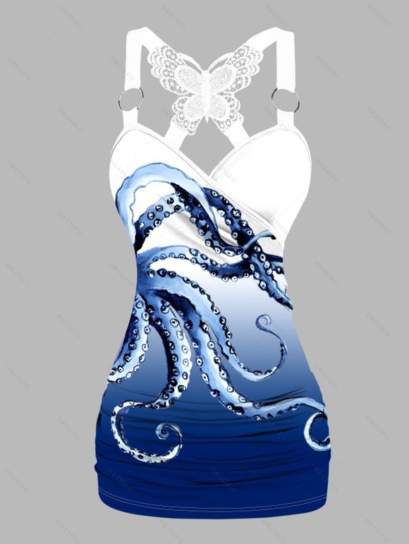 Vacation Couple Outfit Octopus Foot Print Tank Top Wide Leg Pants and Button Up Shirt Drawstrings Shorts Beach Matching Outfit - Bleu profond S | US 4