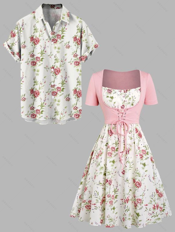 Vacation Couple Outfit Floral Print Waisted Cami Dress Lace Up Crop Top Set and Button Up Shirt Matching Outfit - Blanc S | US 4