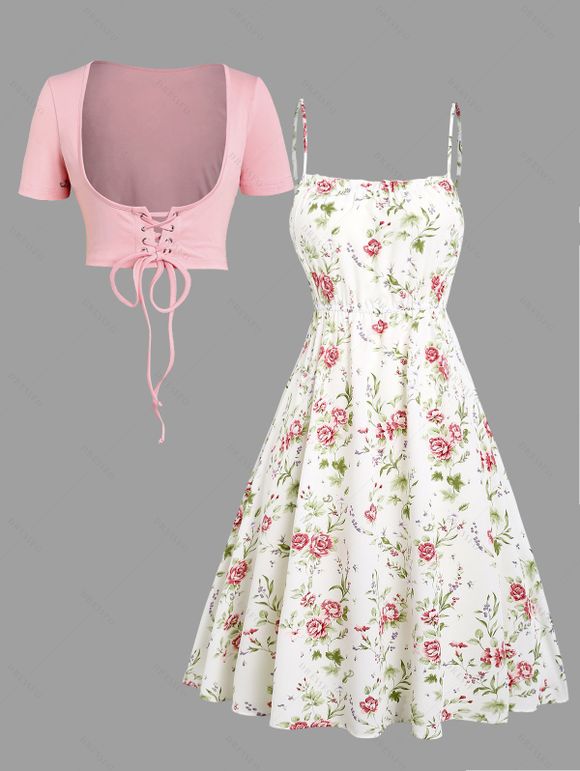 Vacation Couple Outfit Floral Print Waisted Cami Dress Lace Up Crop Top Set and Button Up Shirt Matching Outfit - Blanc S | US 4