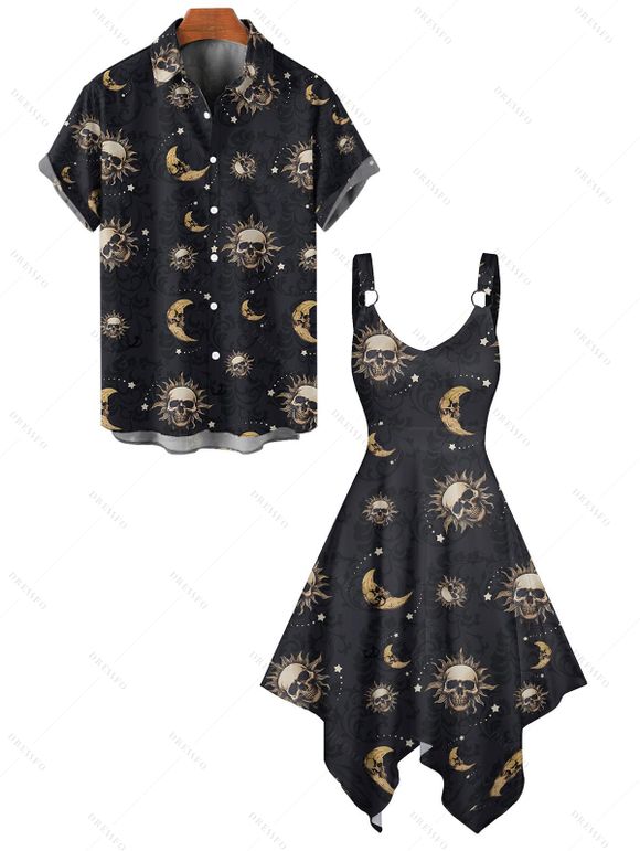 Gothic Couple Outfit Celestial Sun Moon Star Skulls Pattern Asymmetrical Hem Dress and Button Up Shirt Holiday Matching Outfit - Noir S | US 4
