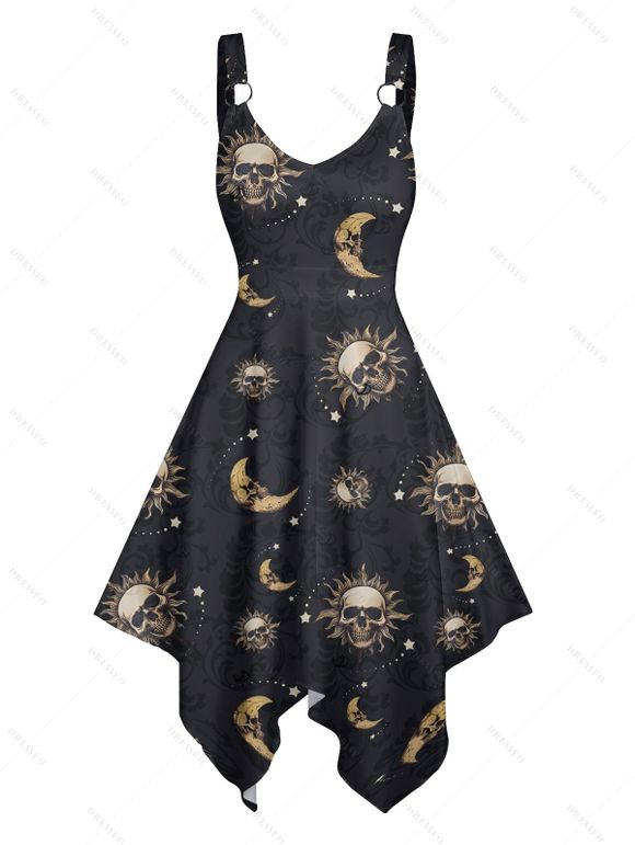 Gothic Couple Outfit Celestial Sun Moon Star Skulls Pattern Handkerchief Dress and Button Up Shirt Holiday Matching Outfit - Noir S | US 4