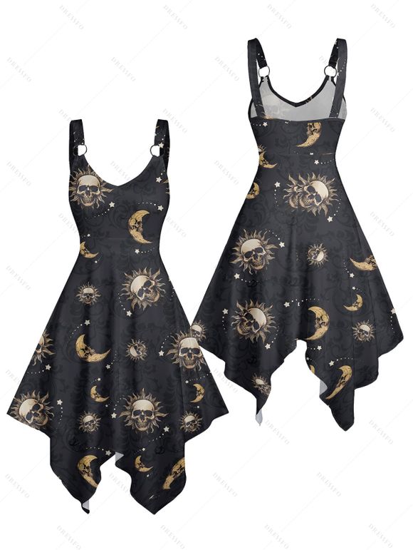 Gothic Couple Outfit Celestial Sun Moon Star Skulls Pattern Handkerchief Dress and Button Up Shirt Holiday Matching Outfit - Noir S | US 4