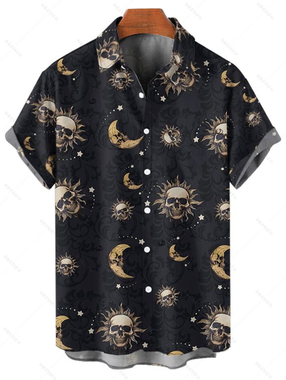 Gothic Couple Outfit Celestial Sun Moon Star Skulls Pattern Handkerchief Dress and Button Up Shirt Holiday Matching Outfit - Noir S | US 4