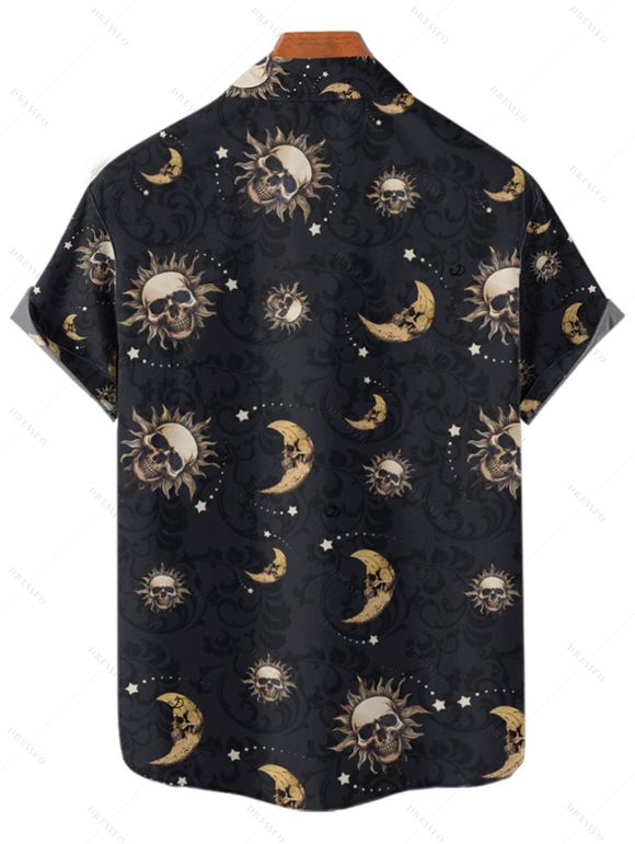Gothic Couple Outfit Celestial Sun Moon Star Skulls Pattern Handkerchief Dress and Button Up Shirt Holiday Matching Outfit - Noir S | US 4