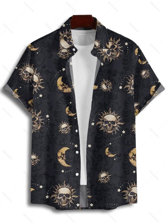 Gothic Couple Outfit Celestial Sun Moon Star Skulls Pattern Handkerchief Dress and Button Up Shirt Holiday Matching Outfit - Noir S | US 4