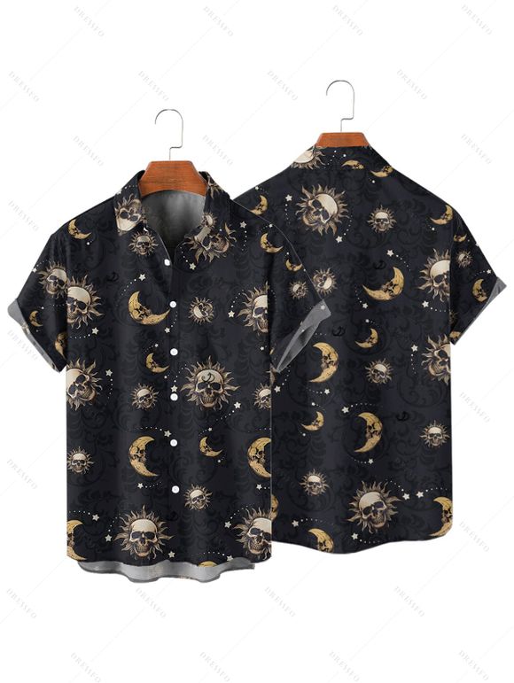 Gothic Couple Outfit Celestial Sun Moon Star Skulls Pattern Handkerchief Dress and Button Up Shirt Holiday Matching Outfit - Noir S | US 4