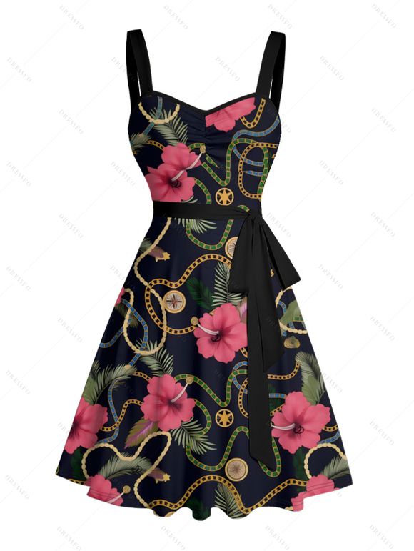 Vacation Couple Outfit Allover Chain Floral Pattern Ruched Bust Belt Sweetheart Neck A Line Mini Dress and Button Up Shirt Casual Matching Outfit - Noir S | US 4