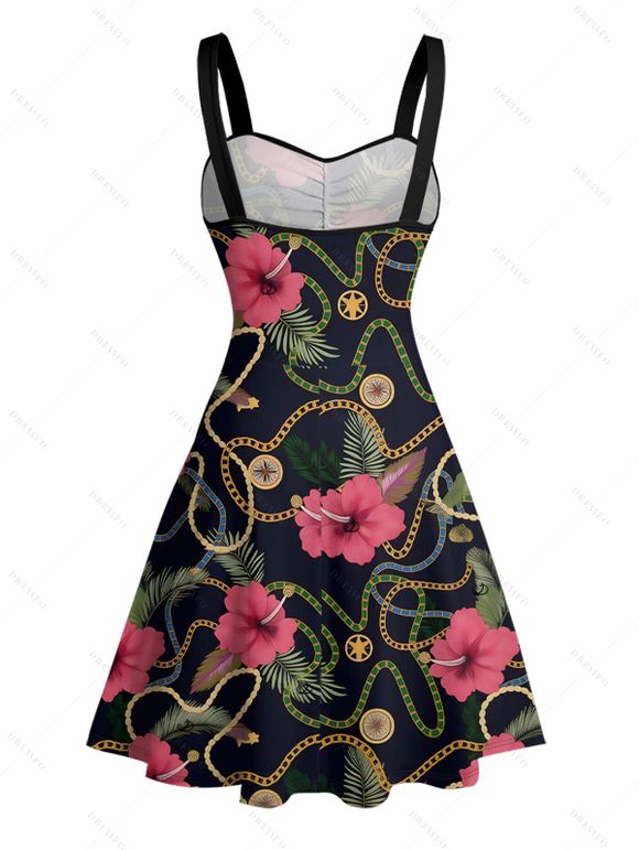 Vacation Couple Outfit Allover Chain Floral Pattern Ruched Bust Belt Sweetheart Neck A Line Mini Dress and Button Up Shirt Casual Matching Outfit - Noir S | US 4