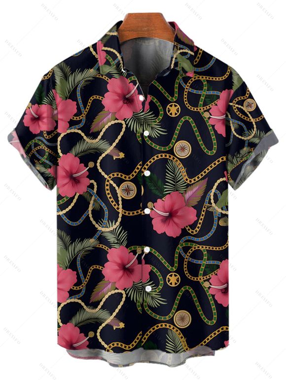 Vacation Couple Outfit Allover Chain Floral Pattern Ruched Bust Belt Sweetheart Neck A Line Mini Dress and Button Up Shirt Casual Matching Outfit - Noir S | US 4