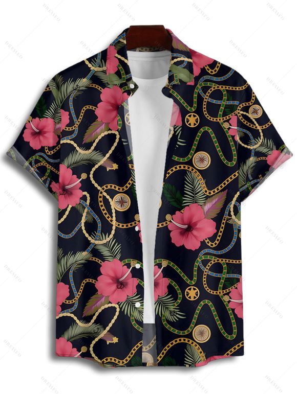 Vacation Couple Outfit Allover Chain Floral Pattern Ruched Bust Belt Sweetheart Neck A Line Mini Dress and Button Up Shirt Casual Matching Outfit - Noir S | US 4