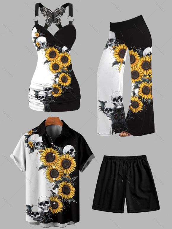 Sunflower Skulls Butterfly Lace Gothic Tank Top Elastic Wide Leg Pants and Button Up Shirt Drawstring Beach Shorts Outfit - Noir S | US 4