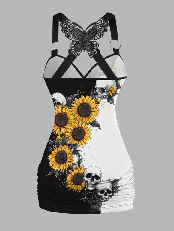 Sunflower Skulls Butterfly Lace Gothic Tank Top Elastic Wide Leg Pants and Button Up Shirt Drawstring Beach Shorts Outfit - Noir S | US 4