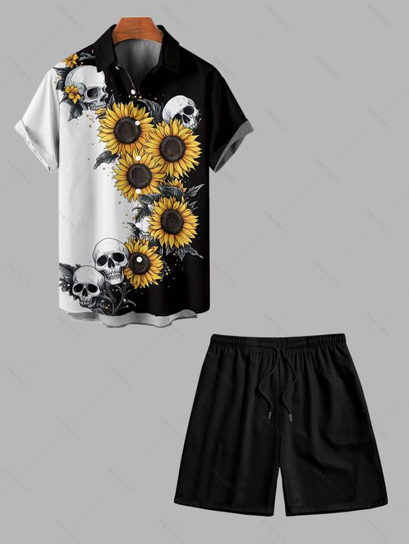 Ensemble chemise gothique à motif tête de mort et tournesols contrastés pour homme et short de plage uni à cordon de serrage - Noir S | US 4