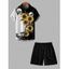 Ensemble chemise gothique à motif tête de mort et tournesols contrastés pour homme et short de plage uni à cordon de serrage - Noir S | US 4