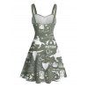 Robe de vacances style cowboy western, motif cactus, lettre, buste froncé, ceinture, col en cœur, ligne A, mini robe cottagecore - Vert profond S | US 4