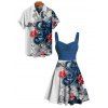 Vacation Couple Outfit Octopus Floral Wave Marine Life Print Ruched Bust Dress and Button Up Shirt Beach Matching Outfit - Blanc S | US 4