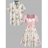 Vacation Couple Outfit Floral Print Waisted Cami Dress Lace Up Crop Top Set and Button Up Shirt Matching Outfit - Blanc S | US 4
