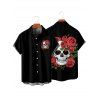 Chemise gothique à manches courtes et boutons pour homme, imprimé tête de mort rétro, motif feuilles de rose, style vacances - Noir 5XL