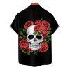 Chemise gothique à manches courtes et boutons pour homme, imprimé tête de mort rétro, motif feuilles de rose, style vacances - Noir 5XL