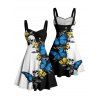Robe gothique monochrome à imprimé papillon et tête de mort, buste froncé, décolleté en cœur, mini robe de vacances trapèze - Bleu XXXXXL | US 20