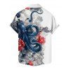 Chemise de vacances à imprimé floral et vagues de poulpe pour homme, chemise de plage à manches courtes et boutonnée et retroussable - Blanc 5XL