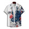 Chemise de vacances à imprimé floral et vagues de poulpe pour homme, chemise de plage à manches courtes et boutonnée et retroussable - Blanc 5XL