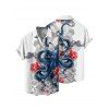 Chemise de vacances à imprimé floral et vagues de poulpe pour homme, chemise de plage à manches courtes et boutonnée et retroussable - Blanc 5XL