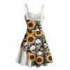 Robe gothique à imprimé feuilles et crânes de tournesol, buste froncé, col en cœur, coupe trapèze, mini robe de vacances - Beige XXXXXL | US 20