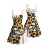 Robe gothique à imprimé feuilles et crânes de tournesol, buste froncé, col en cœur, coupe trapèze, mini robe de vacances - Beige XXXXXL | US 20