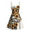 Robe gothique à imprimé feuilles et crânes de tournesol, buste froncé, col en cœur, coupe trapèze, mini robe de vacances - Beige XXXXXL | US 20